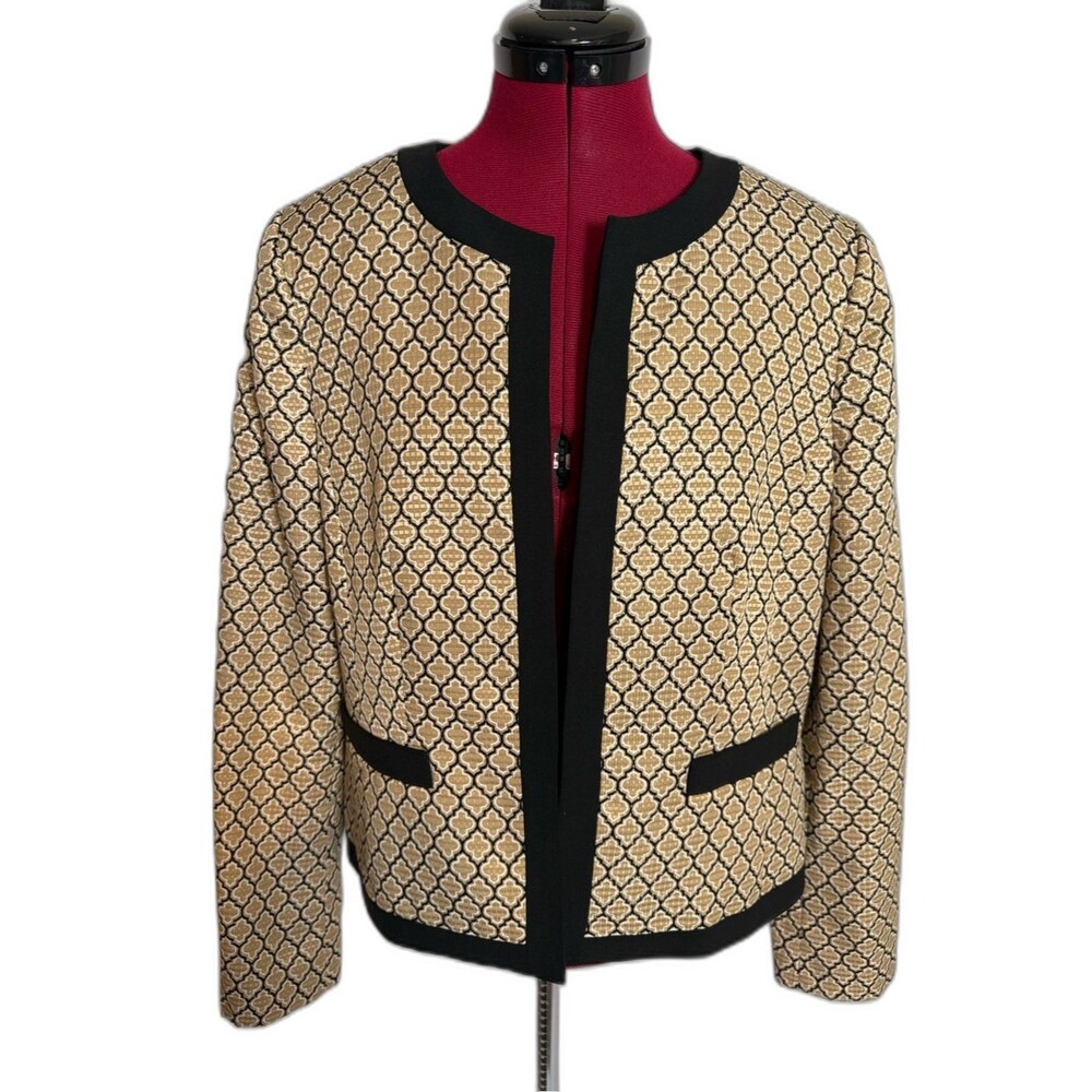 Anne Klein Open-Front Jacket Women's Size 12 Beige & Black Geometric Pattern